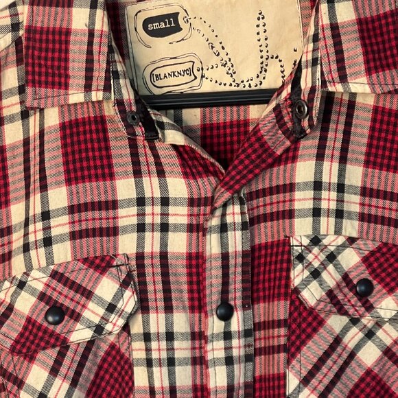 BLANK NYC Plaid Button Down with Sequin Back, Red Cream, Size Small - Picture 8 of 13